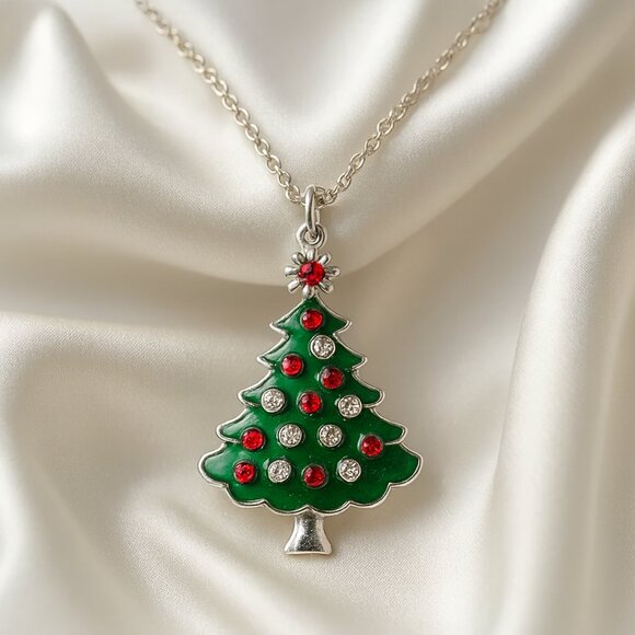 Silver & Green Christmas Tree Pendant Necklace - Colorful Pendant Womens Jewelry - Picture 1 of 8